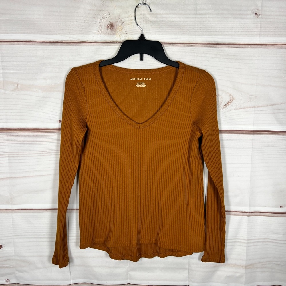 American Eagle Top Womens XS Yellow Ribbed Knit T-Shirt V-Neck Long Sleeve Solid